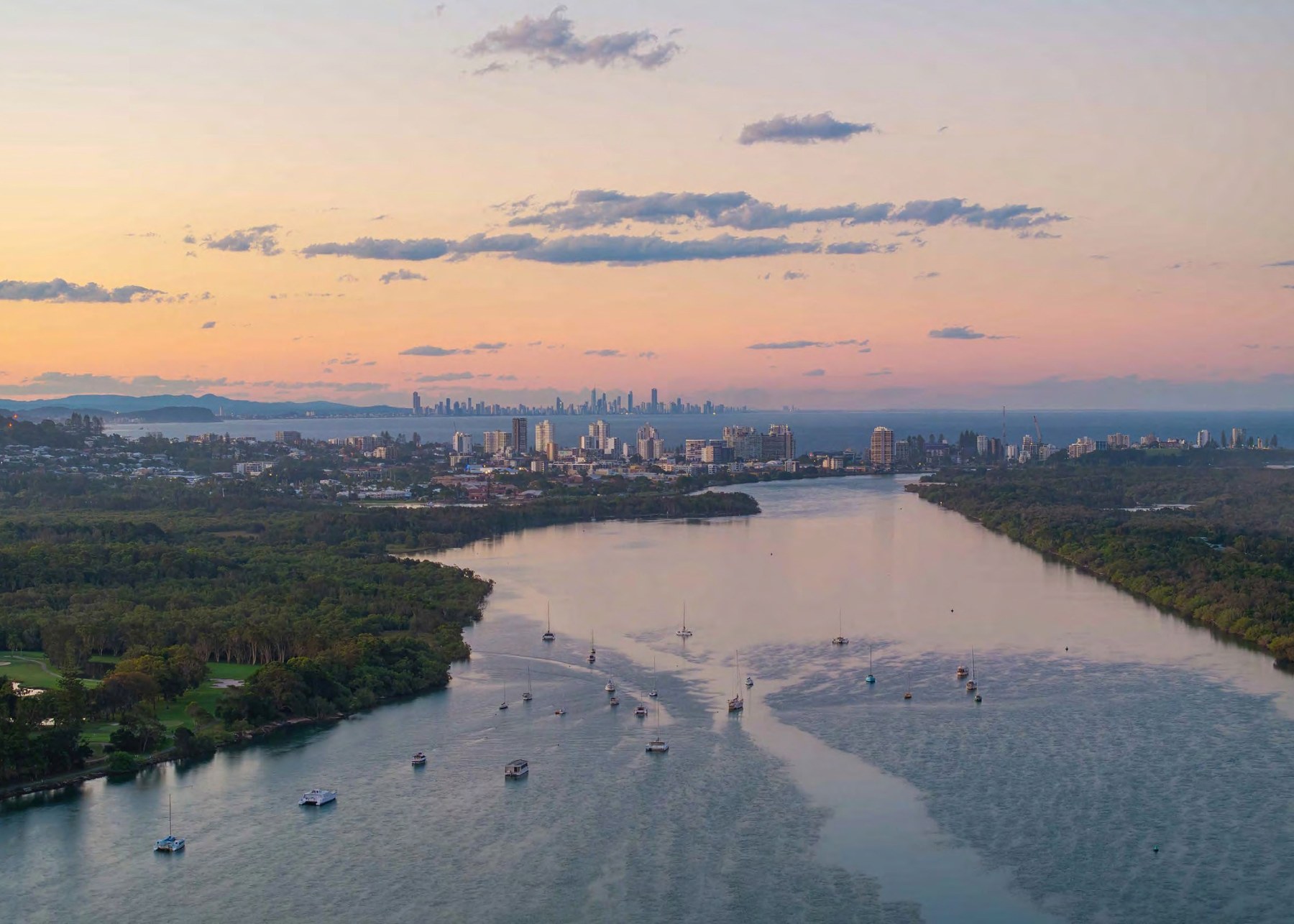 Aerial sunset over the Tweed River